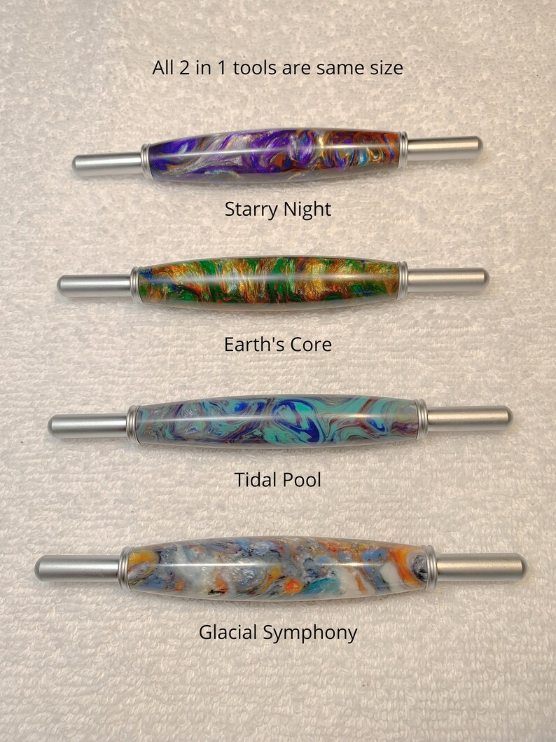 May include: Four different crochet hooks with colorful marbled handles. The handles are labeled "Starry Night", "Earth's Core", "Tidal Pool", and "Glacial Symphony". All 2 in 1 tools are the same size.