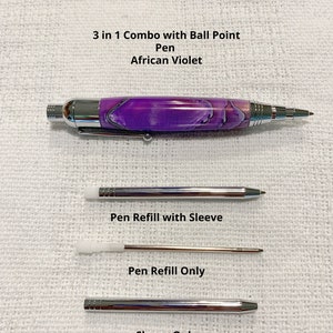 May include: A 3 in 1 combo ballpoint pen in African Violet with a marbled purple and white barrel, chrome hardware, a pen refill with sleeve, a pen refill only, and a sleeve only. The text 3 in 1 Combo with Ball Point Pen African Violet is visible.