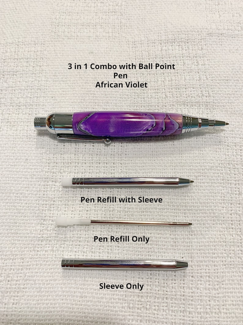 May include: A 3 in 1 combo ballpoint pen in African Violet with a marbled purple and white barrel, chrome hardware, a pen refill with sleeve, a pen refill only, and a sleeve only. The text 3 in 1 Combo with Ball Point Pen African Violet is visible.