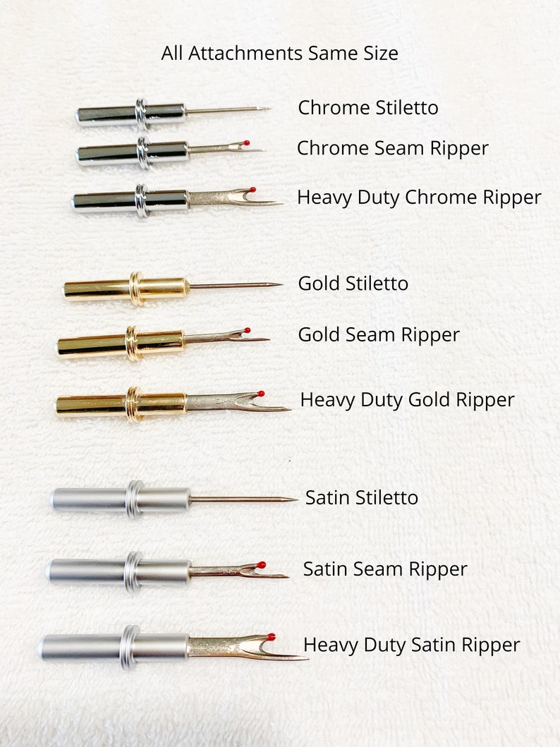 May include: A collection of sewing tools, including chrome, gold, and satin stilettos and seam rippers. The image shows various tools with different finishes, labeled as "Chrome," "Gold," and "Satin," with "Heavy Duty" options.