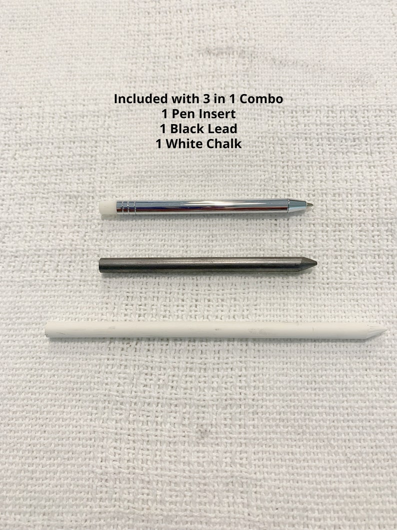 May include: A 3 in 1 combo set including one silver metal pen insert, one black lead, and one white chalk stick. The text on the image reads: Included with 3 in 1 Combo, 1 Pen Insert, 1 Black Lead, 1 White Chalk. These items are arranged horizontally.