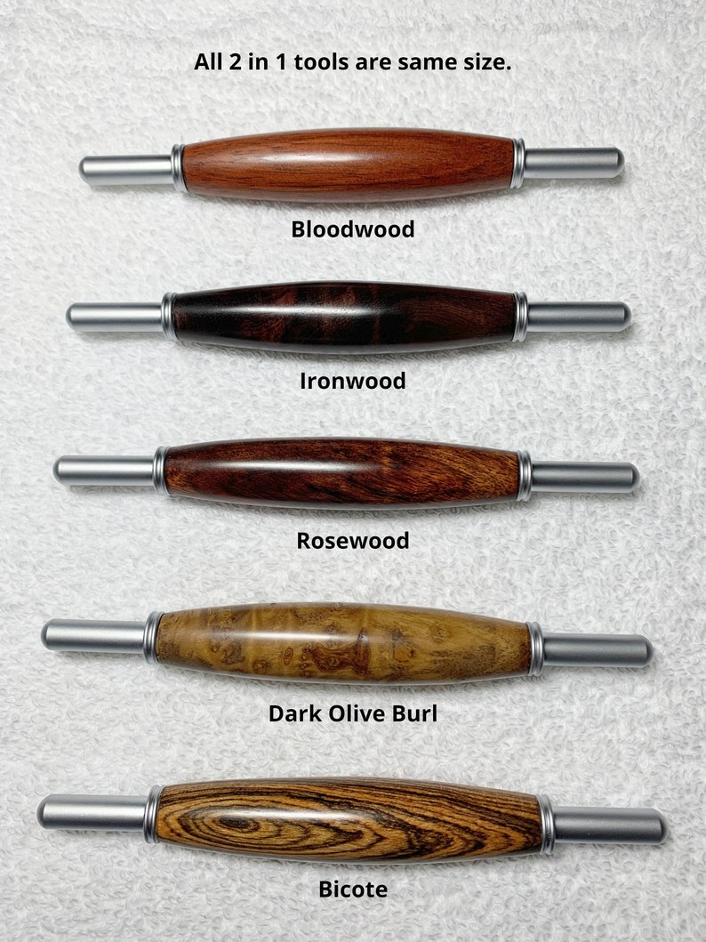 May include: Five wooden tools with silver metal tips, each with a different wood grain pattern. The wood types are labeled: Bloodwood, Ironwood, Rosewood, Dark Olive Burl, and Bicote.