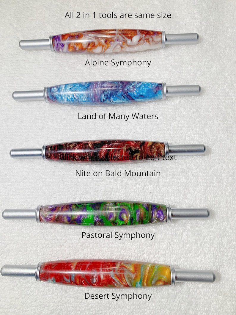 May include: Five different colorful wooden tools with silver metal ends. The tools are labeled "Alpine Symphony", "Land of Many Waters", "Nite on Bald Mountain", "Pastoral Symphony", and "Desert Symphony".
