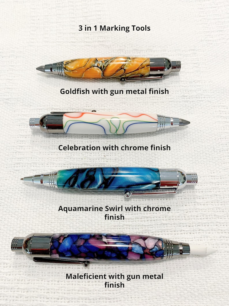 May include: Four 3 in 1 marking tools with distinct barrels. Top: Goldfish pattern with gun metal finish. Second: Celebration pattern with chrome finish. Third: Aquamarine Swirl pattern with chrome finish. Bottom: Maleficient pattern with gun metal finish.