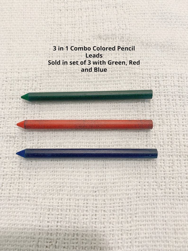 May include: A set of three 3 in 1 Combo Colored Pencil Leads in green, red, and blue. The text 3 in 1 Combo Colored Pencil Leads Sold in set of 3 with Green, Red and Blue is printed above the three cylindrical pencil leads arranged horizontally.