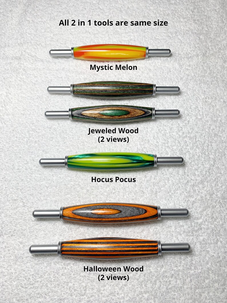 May include: Five different wooden tools with metal handles. The tools are all the same size and are arranged vertically. The tools are labeled with the names "Mystic Melon", "Jeweled Wood (2 views)", "Hocus Pocus", "Halloween Wood (2 views)".