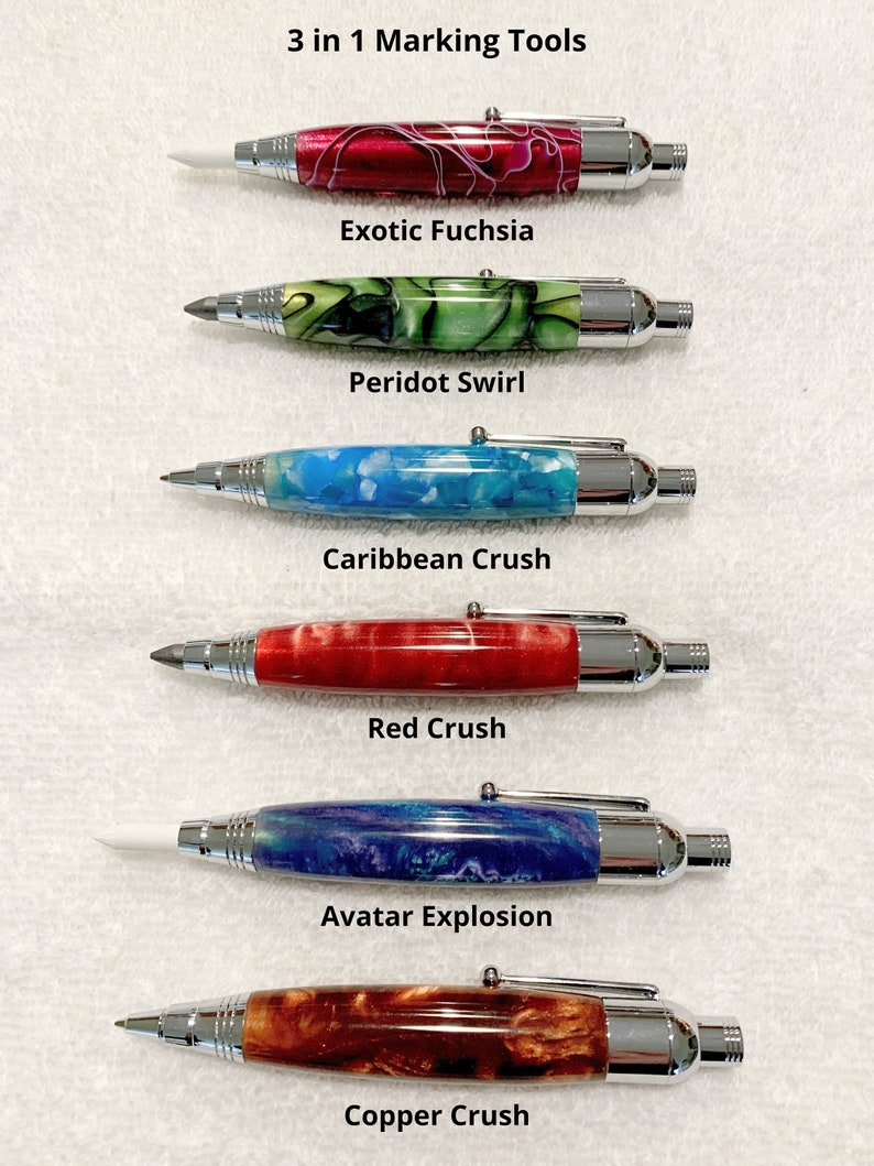 May include: Six 3 in 1 marking tools with chrome hardware and marbled resin barrels in various colors labeled Exotic Fuchsia, Peridot Swirl, Caribbean Crush, Red Crush, Avatar Explosion, and Copper Crush, each featuring a distinct tip.