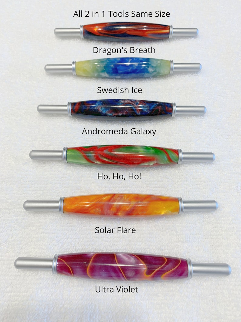 May include: Six different colored crochet hooks with silver handles. The hooks are labeled with names like "Dragon's Breath", "Swedish Ice", "Andromeda Galaxy", "Ho, Ho, Ho!", "Solar Flare", and "Ultra Violet".