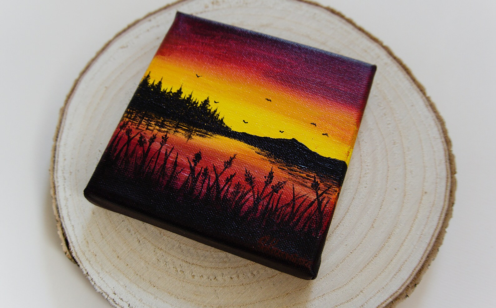 Lake Sunset Original Acrylic Painting on Canvas, Handmade, Yellow, Pink ...