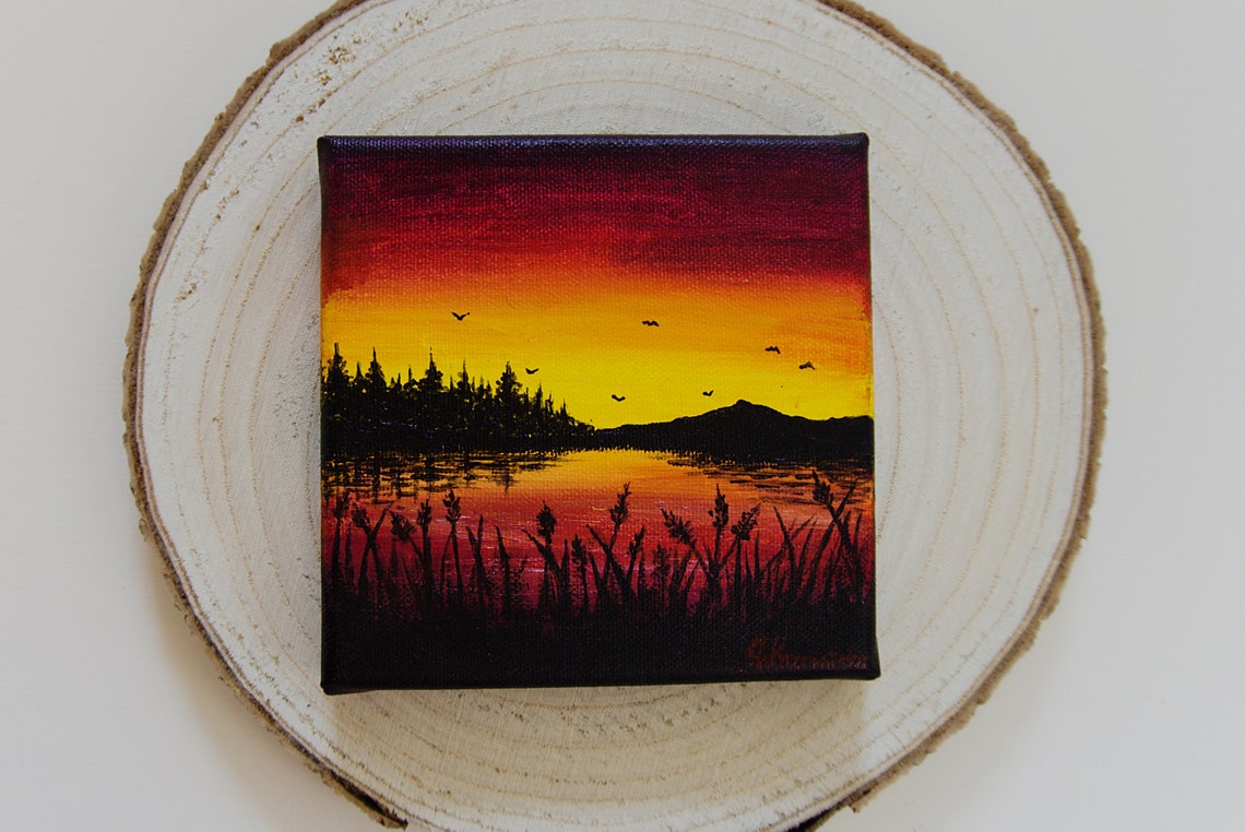Lake Sunset Original Acrylic Painting on Canvas, Handmade, Yellow, Pink ...