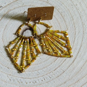 Big Sunshine Beaded Yellow Gold and Orange Chandelier Dangle Earrings