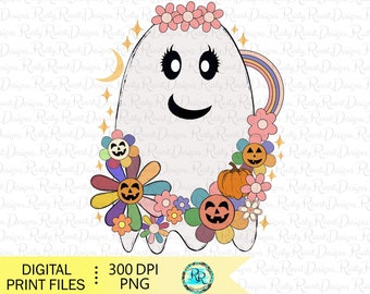 Retro Flower ghost Png, Halloween sublimation designs downloads, Floral ghost PNG, hand drawn, ghost sublimation PNG, printable artwork