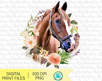 Horse sublimation designs downloads, horse PNG, sublimation graphics, horse with flowers, horse wreath, shirt design, printable art