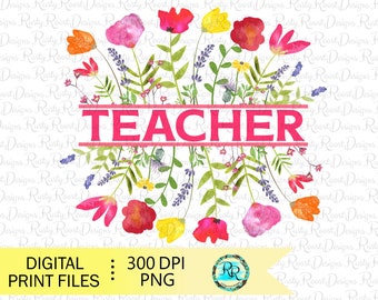 Könnte beinhalten: Eine digitale Druckdatei einer Aquarell-Illustration eines Blumenarrangements mit dem Wort "TEACHER" in rosa Buchstaben. Die Blumen sind in den Farben Rosa, Rot, Gelb und Orange.