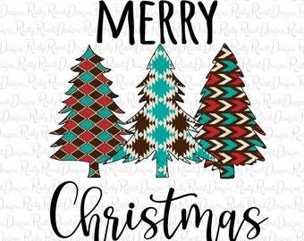 Könnte beinhalten: Ein Weihnachtsgruß mit den Worten "Merry Christmas" in schwarzer Schrift. Hinter dem Text befinden sich drei stilisierte Weihnachtsbäume. Die Bäume sind braun, rot und blau mit geometrischen Mustern.