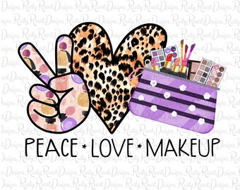 Może przedstawiać: Grafika Peace, Love, Makeup z symbolem pokoju wykonanym z produktów do makijażu, sercem w panterkę i fioletową kosmetyczką w białe kropki.