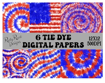 Tie Dye digital paper, Patriotic digital paper, 4th of July, American sublimation file, Red White and Blue, digital paper pack, background