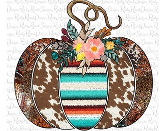 May include: A brown and white pumpkin with a turquoise, red, and white striped pattern. The pumpkin is decorated with a floral arrangement of pink, yellow, and green flowers.