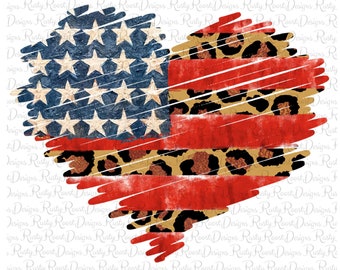 Puede incluir: Un diseño de corazón de bandera estadounidense roja, blanca y azul con un estampado de leopardo superpuesto. La bandera está desgastada y tiene un efecto grunge.