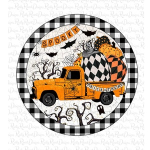 Downloads van Halloween-sublimatieontwerpen, ronde sublimatieontwerpen, vrachtwagen met pompoenen png, deurhanger png, Trick or Treat-vrachtwagen png
