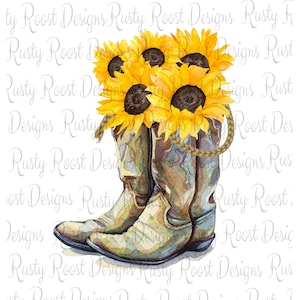 cowgirl boots png,boots sublimation designs downloads,watercolor boots,sublimation graphics,printable,boots with sunflowers,sunflowers