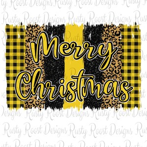 May include: A digital design featuring the words "Merry Christmas" in yellow with black outlines. The words are layered over a background of black, yellow, and brown stripes with a grunge effect.
