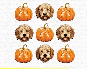 May include: A digital print design featuring a repeating pattern of orange pumpkins with yellow bows and brown and white doodle dogs. The design is perfect for fall-themed crafts and projects.