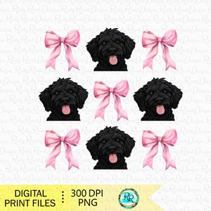 Labradoodle PNG, perro coqueto, diseños de sublimación de perros, diseño de camiseta coqueta, Labradoodle negro PNG, amante de los perros, lazo rosa png, clipart de perro