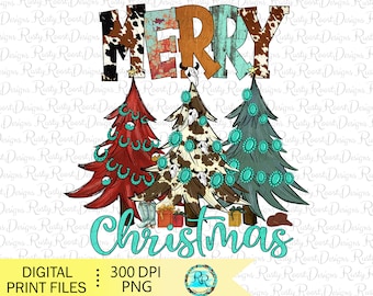 Western Christmas PNG, Joyeux Noël à tous, téléchargements de modèles de sublimation de Noël turquoise, arbre en peau de vache, graphiques PNG, imprimable