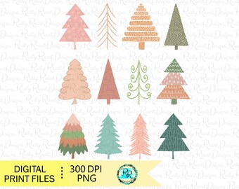 May include: Set of ten digital illustrations of stylised Christmas trees in various colours and patterns. The trees are in a variety of shapes and sizes, including a traditional pine tree, a star-shaped tree, and a tree with a whimsical design. The trees are perfect for adding a festive touch to your holiday projects.