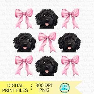 Goldendoodle PNG, kokett Hund, Hundesublimationsentwürfe, Hundeliebhaber png, kokett Hemdentwurf, schwarz goldener Gekritzelhund, rosa Schleife