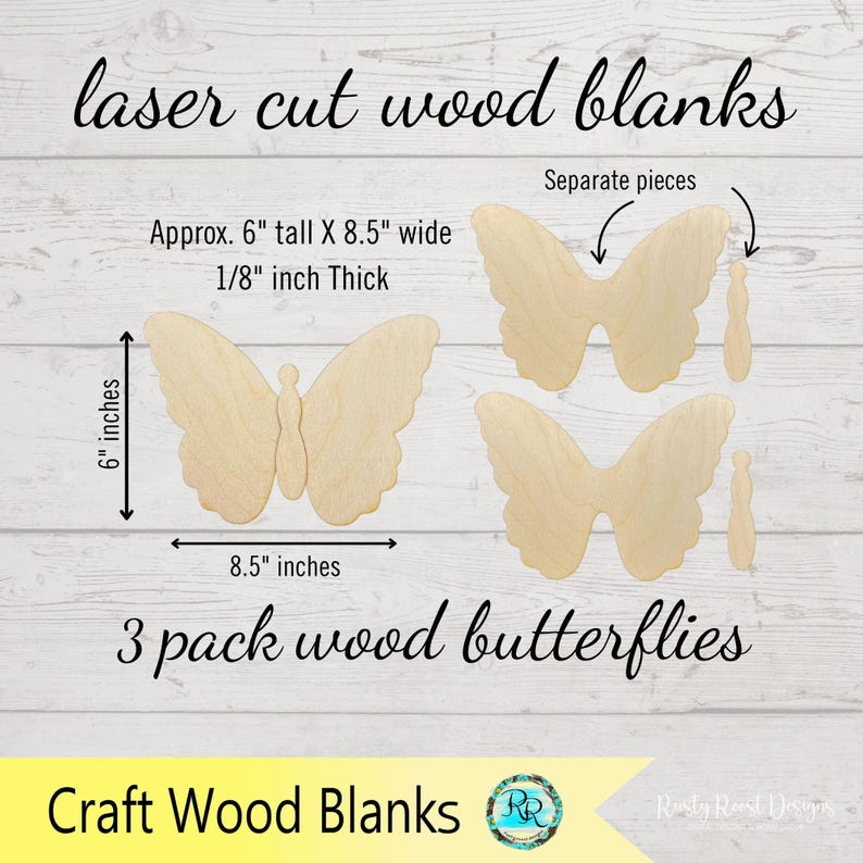 Wood Butterfly Cutouts Set of 3, Unfinished Wood Shapes, DIY Craft Blanks for Painting, Decoupage, Spring Decor & Door Hangers image 2