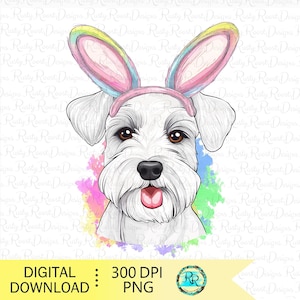 Easter Schnauzer png, dog with bunny ears, Easter sublimation designs, White Schnauzer dog with rabbit ears, cute dog digital download