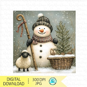 Könnte beinhalten: Aquarellillustration eines Schneemanns mit schwarzer Strickmütze und Schottenkaro-Schal, der einen Holzstab hält. Ein Schaf steht neben dem Schneemann, und ein Korb mit einem kleinen Nadelbaum befindet sich im Hintergrund. Der Text "DIGITALER DOWNLOAD : 300 DPI JPG" ist enthalten.