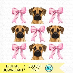 May include: Digital download featuring illustrations of a dog's face and pink bows. The dog is brown with a black nose and ears. The bows are a light pink color. The image also includes the text "DIGITAL DOWNLOAD : 300 DPI PNG".
