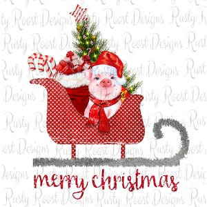 May include: A red and white polka dot sleigh with a pig wearing a Santa hat and a red scarf. The sleigh is filled with presents and a Christmas tree. The text "merry christmas" is written in red glitter below the sleigh.