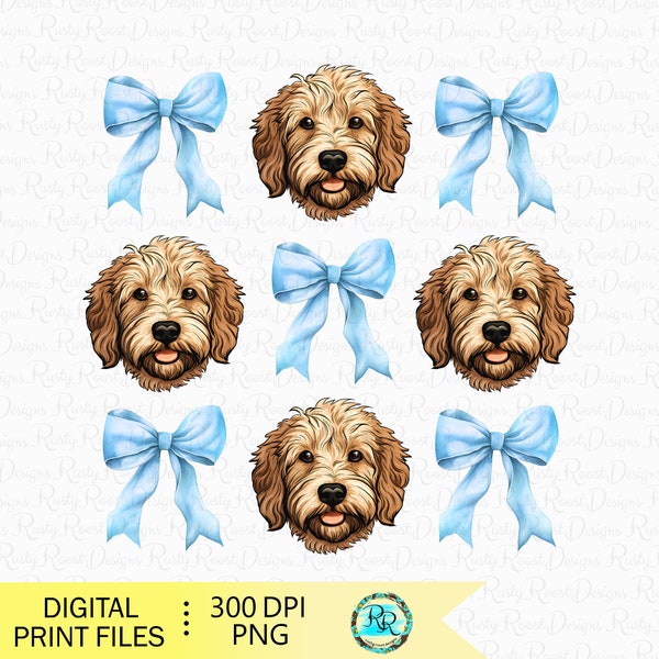 Goldendoodle PNG, Coquette dog, doodle mom, dog lover, coquette shirt design, golden doodle dog, blue bow, dog clipart