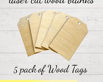5 Pack laser cut Wood Tag blanks, Craft wood cutouts, 3x5 inch wood tags, Unfinished Wood blanks, Wooden tags for crafts
