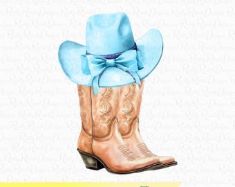 Coquette Cowgirl PNG, Boots and bows Png, Western sublimation design, Cowgirl boots png, boots with hat png, watercolor boots Png