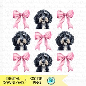 Goldendoodle PNG, Coquette Hund, Hundesublimationsdesigns, Hunde-Shirt-Design, Hund mit Schleifen, Blue Merle Goldendoodle mit rosa Schleifen