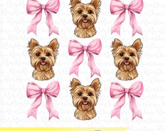 Yorkie PNG, Coquette dog, Yorkie sublimation designs, coquette shirt design, Yorkshire terrier, pink bows png, Blonde Yorkie with bows Png