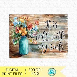C'est bien avec mon âme PNG, Couronne de fleurs PNG, Conception de plaque en aluminium, Conception de sublimation chrétienne, Signe de couronne rectangulaire, Fleurs à l'aquarelle