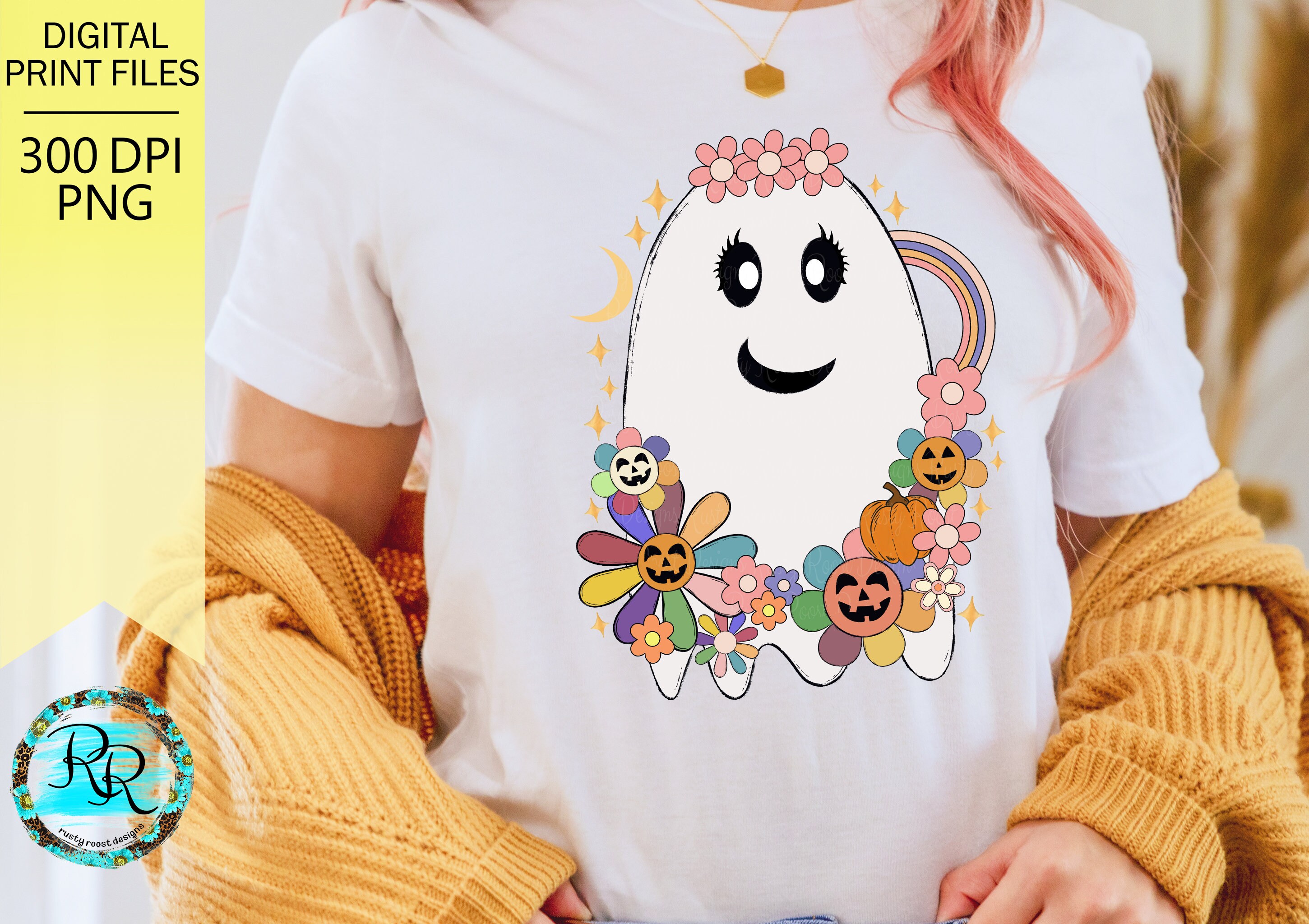Retro Flower Ghost Png, Halloween Sublimation Designs Downloads, Floral ...