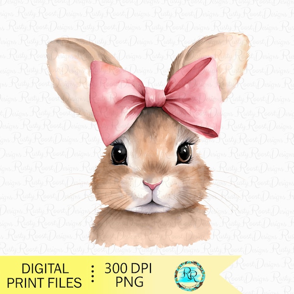 Coquette Easter PNG, Easter sublimation design, Bunny with bow, Easter bunny Png, Watercolor bunny, pink bow png