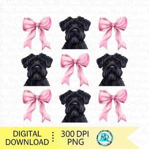 May include: Six digital illustrations of black schnauzer dogs with pink bows. The dogs are facing forward and have a serious expression. The bows are tied around their necks.