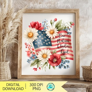 May include: A framed print featuring an American flag design with floral accents. The flag is surrounded by red poppies, white daisies, and blue flowers. The text "One Nation Under God" is displayed on the flag.