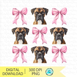 May include: Six digital illustrations of a boxer dog with a pink bow. The dog is brown and white with a black nose and brown eyes. The bow is a light pink with a white center.