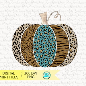 May include: A teal, brown, and beige pumpkin with a leopard print design. The pumpkin is made up of four sections, each with a different pattern. The pumpkin is a digital print file.