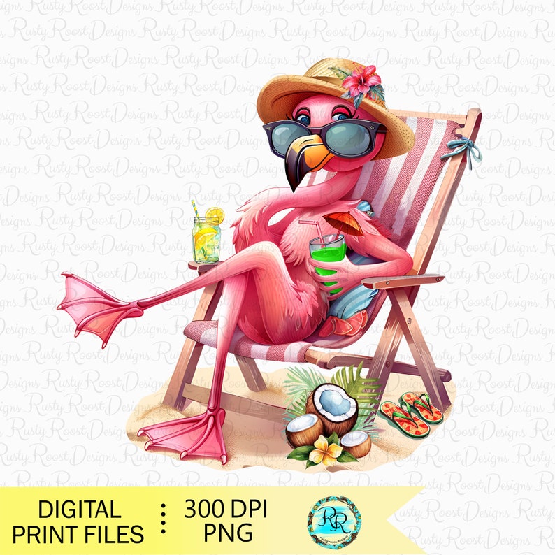 May include: A whimsical illustration of a pink flamingo relaxing on a beach chair, wearing sunglasses and a straw hat. It holds a green drink with an umbrella and has a cocktail on a side table. Coconuts and flip-flops are nearby. The image includes the text "DIGITAL : 300 DPI PRINT FILES : PNG".