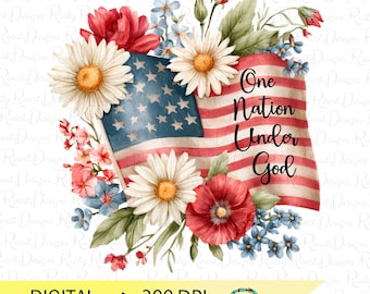 One Nation Under God PNG, American Flag with Flowers Sublimation, Patriotic Floral design, 4th of July Digital Download